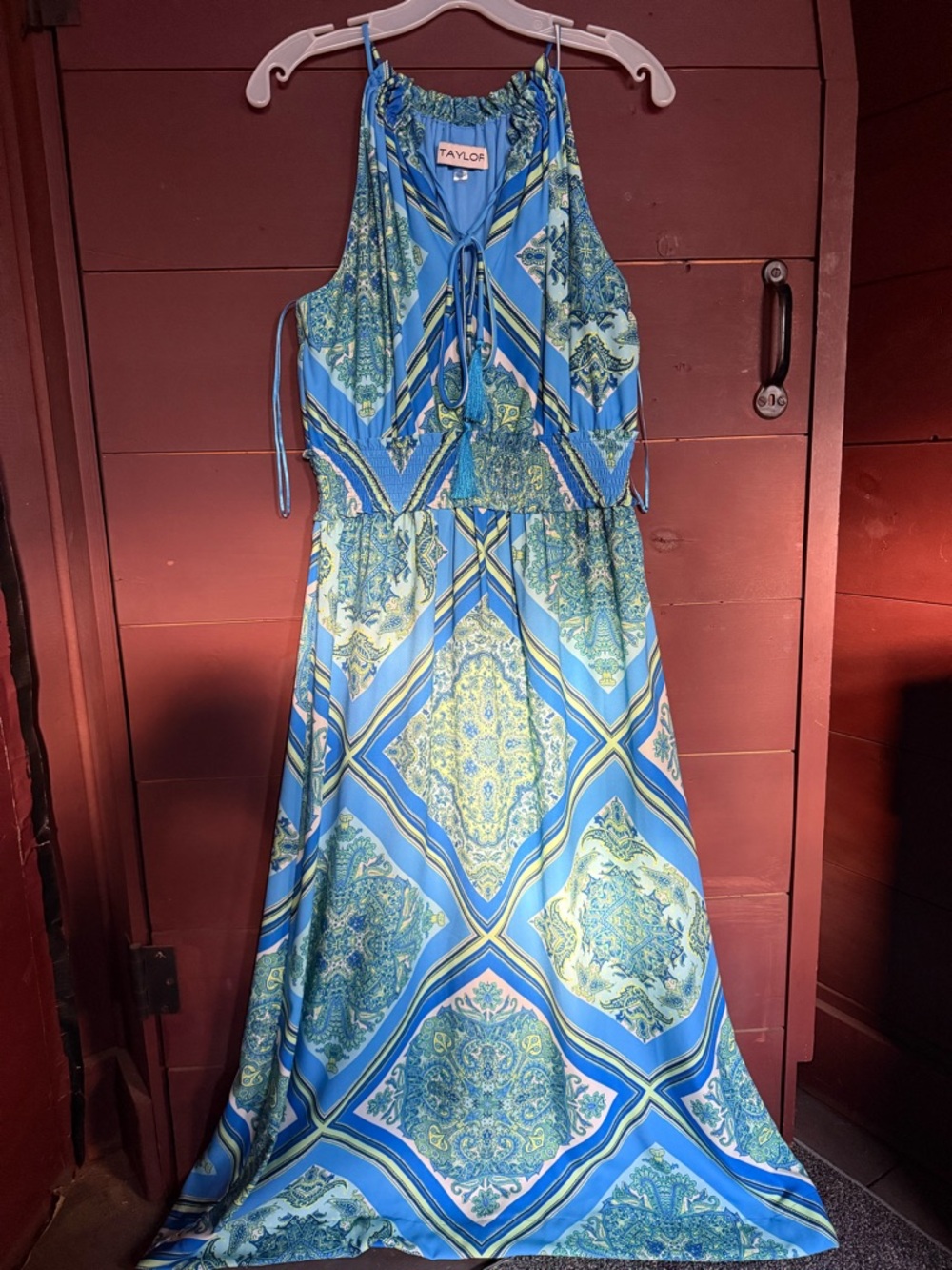 Taylor Blue & Green Patterned Halter Maxi Dress